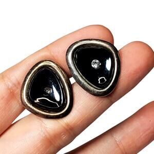 Silver Tone Clear Rhinestone Black Cufflinks .5" Vtg Unsigned